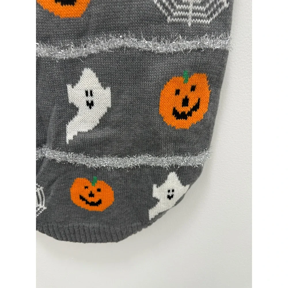 Barkwood Manor Halloween Dog Sweater XL Grey Orange Ghost Pumpkin Knit